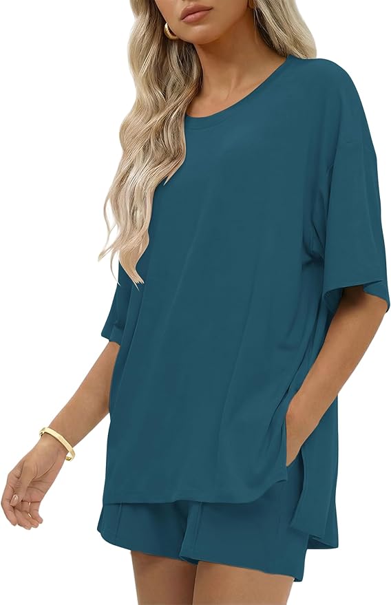 Ekouaer Womens 100% Cotton 2 Pieces Short Sets Summer Short Sleeve Outfits Casual Maching Lounge Set with Pockets