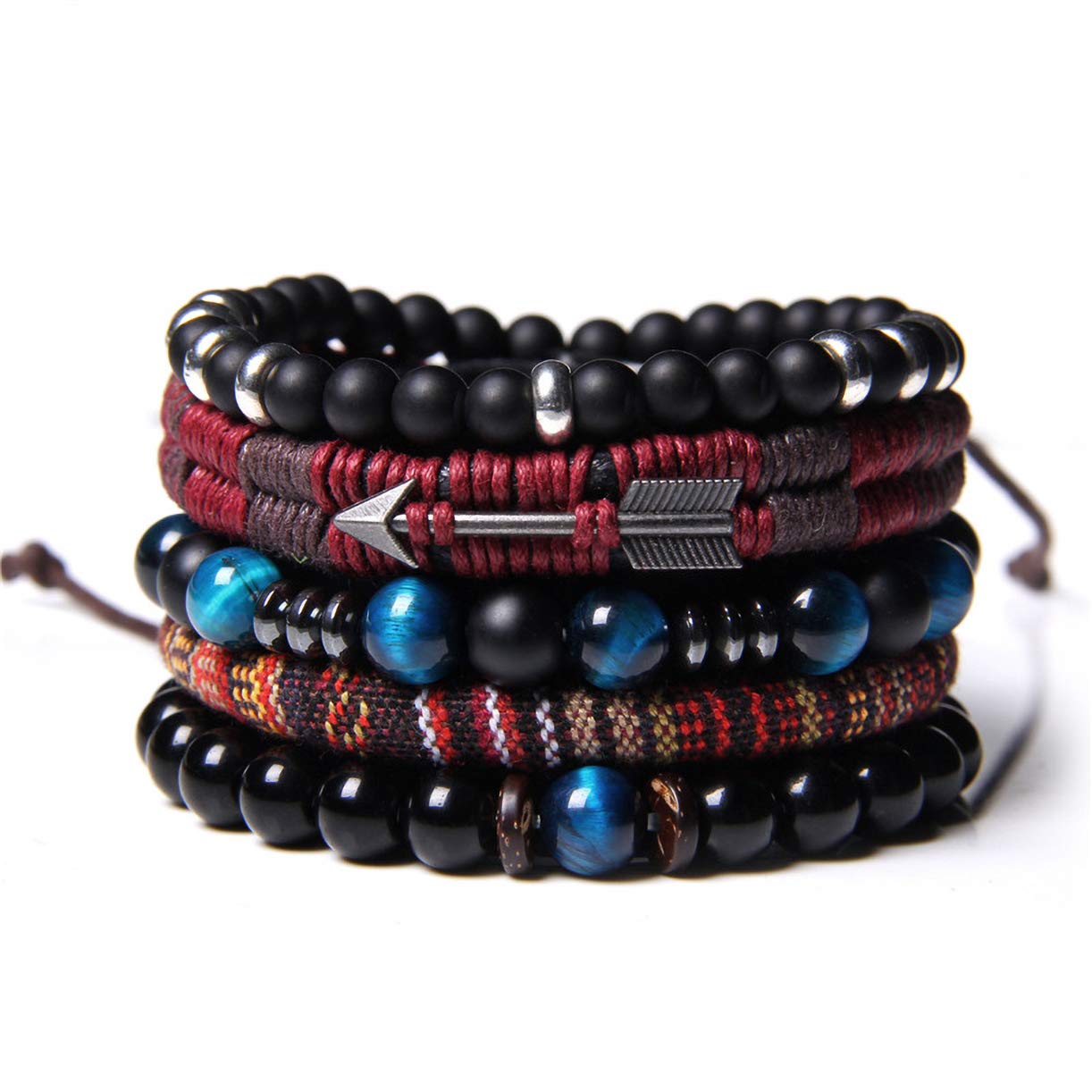 WAINIS Braided Leather Bracelets for Men Women Wrap Tiger Eye Lava Rock Beads Bracelet Woven Ethnic Tribal Rope Wristbands Brace