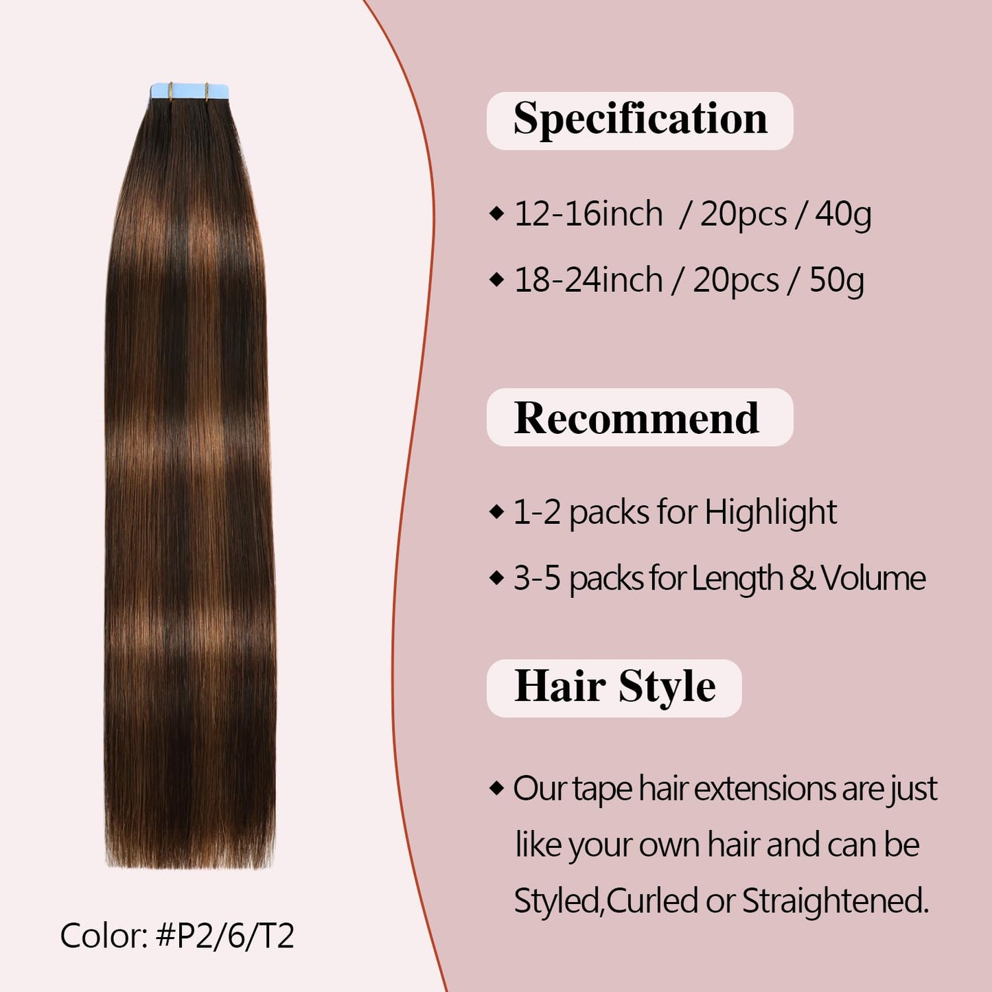Sunya Tape in Hair Extensions Human Hair Balayage Dark Brown to Chestnut Brown 16 Inch 40g/pack 20pcs Straight Seamless Skin Wef