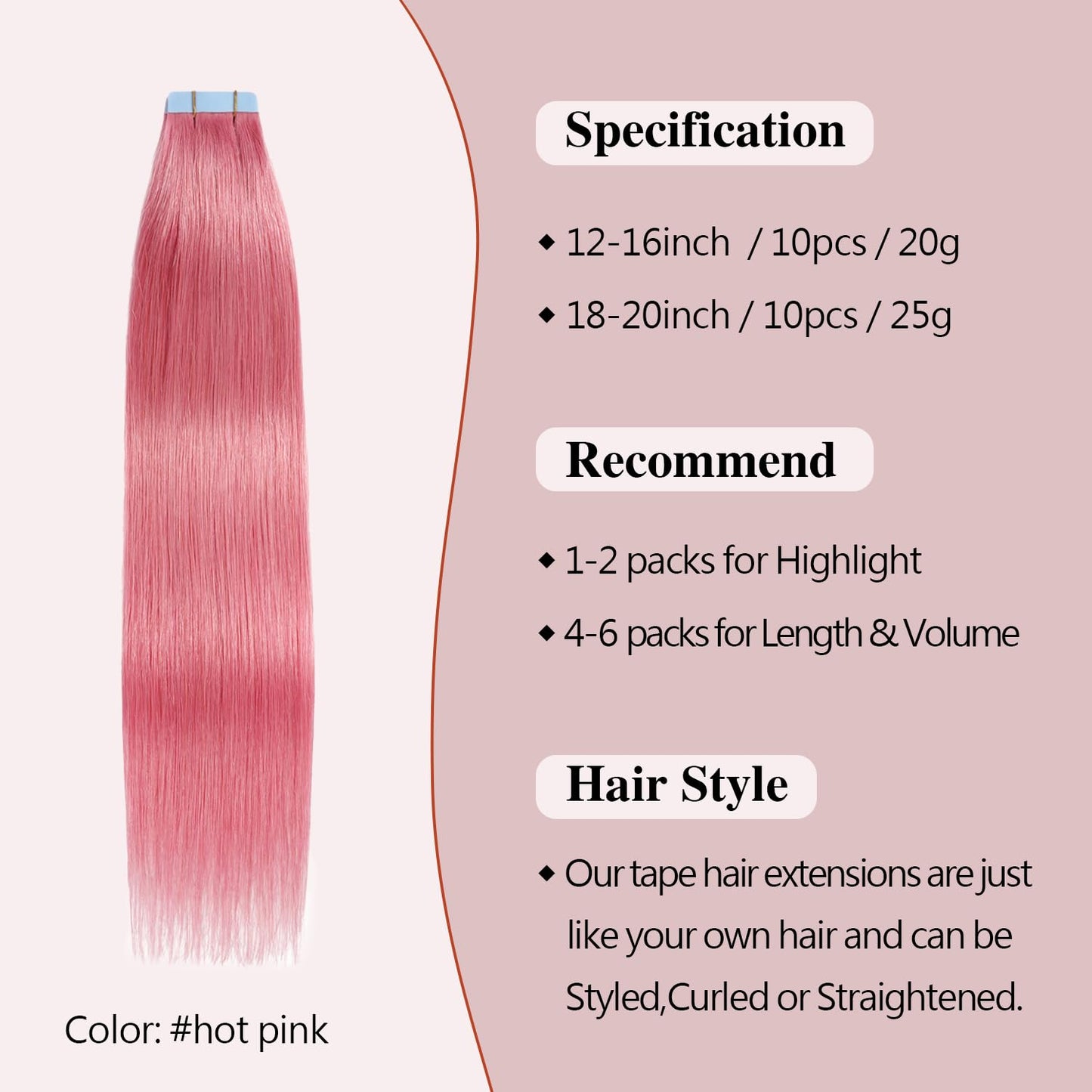 Sunya Tape in Hair Extensions Human Hair Hot Pink Tape in Hair Extensions 18 Inch Straight 10PCS/Pack 25g