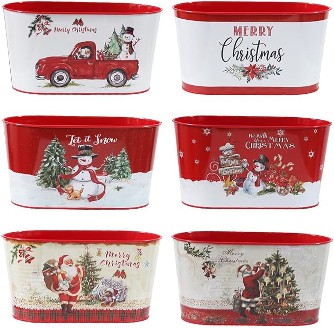 6 PCS Christmas Metal Buckets Christmas Decorations Ice Buckets Metal Planter Pots, Galvanized Pails for Candy Treats Drin...