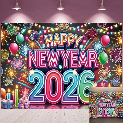 2026 Neon Happy New Year Backdrop Colorful Fireworks Balloons New Year's Eve Photography Background Cheers to 2026 Holiday...