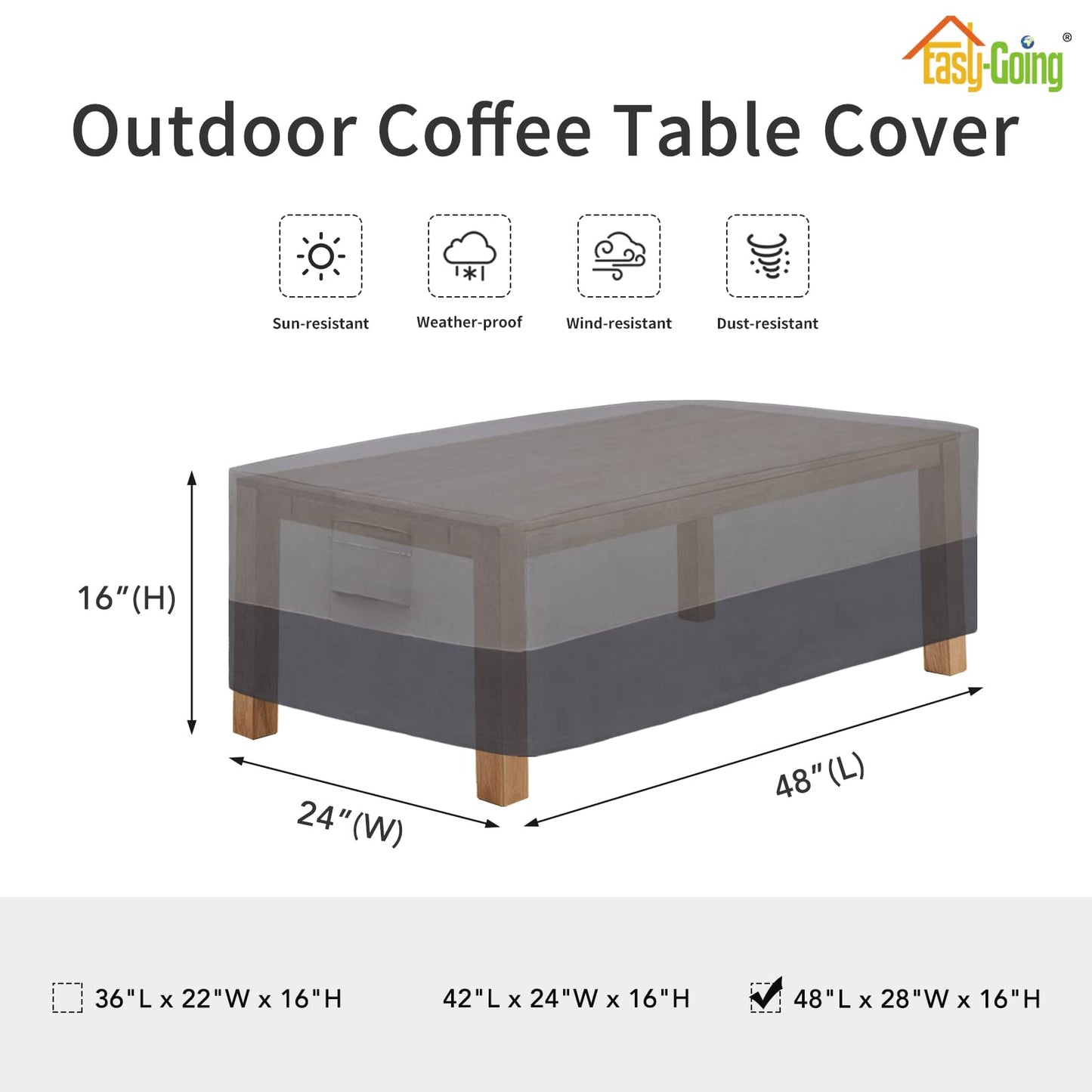Easy-Going Patio Coffee Table Cover - Small Outdoor Rectangular Table Cover, UV Resistant Waterproof - Gray/Dark Gray (48" L x 28" W x 16" H)