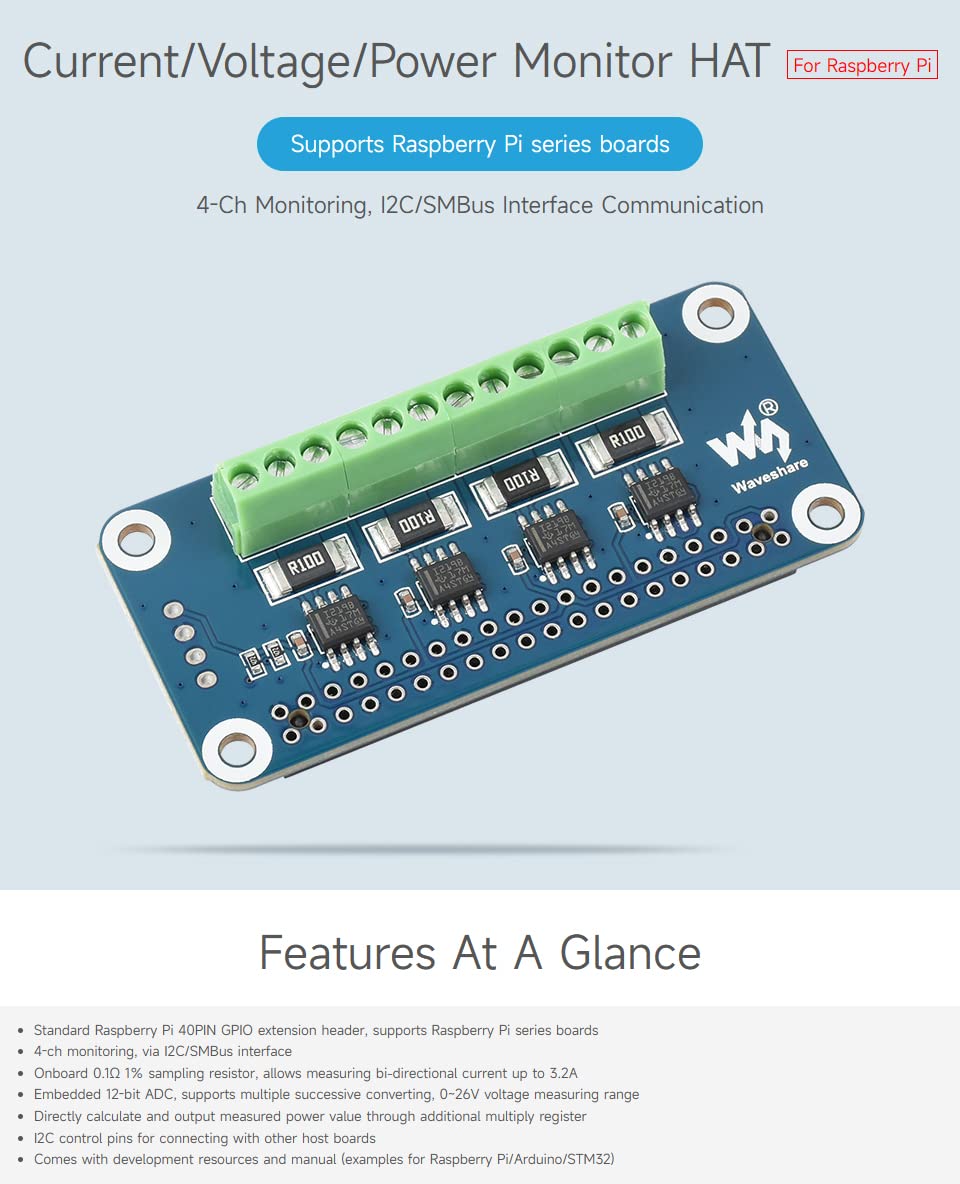 Waveshare 4-Ch Current/Voltage/Power Monitor Hat For Raspberry Pi With I2C/Smbus Interface