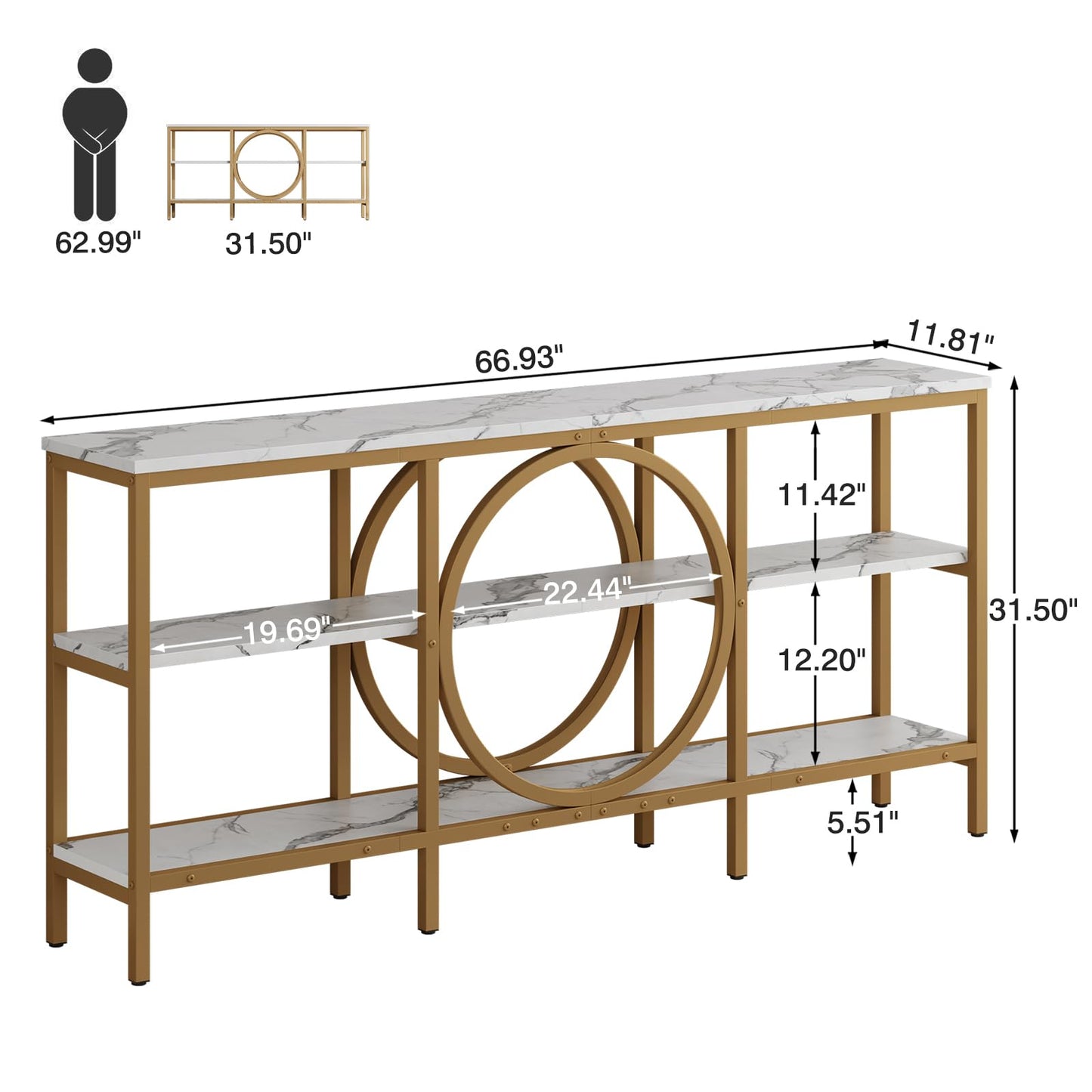 Tarnorci Modern Console Table, 3-Tier Entryway Table with Storage Shelf, 66.9‘’ White Wood Living Room Furniture Bright Decor, Hallway Table for Behind Couch (White+Champagne Gold)