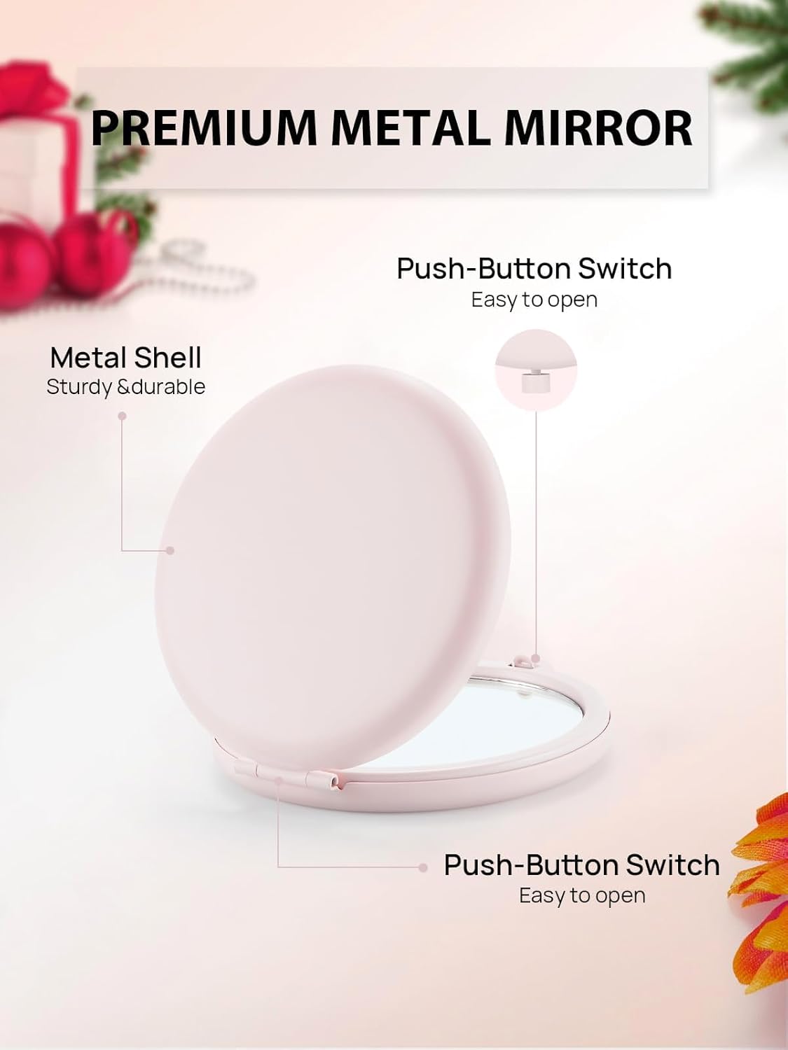 Compact Mirror for Purse, Pack of 6 Double-Sided 1X/2X Magnifying Round Metal Pocket Makeup Mirrors (Round, Pink Marshmallow)