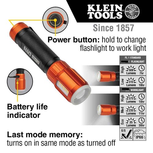 Klein Tools 56412 Rechargeable LED Flashlight with Worklight (500 Lumens) 56411 Rechargeable Pocket Flashlight (275 Lumen)