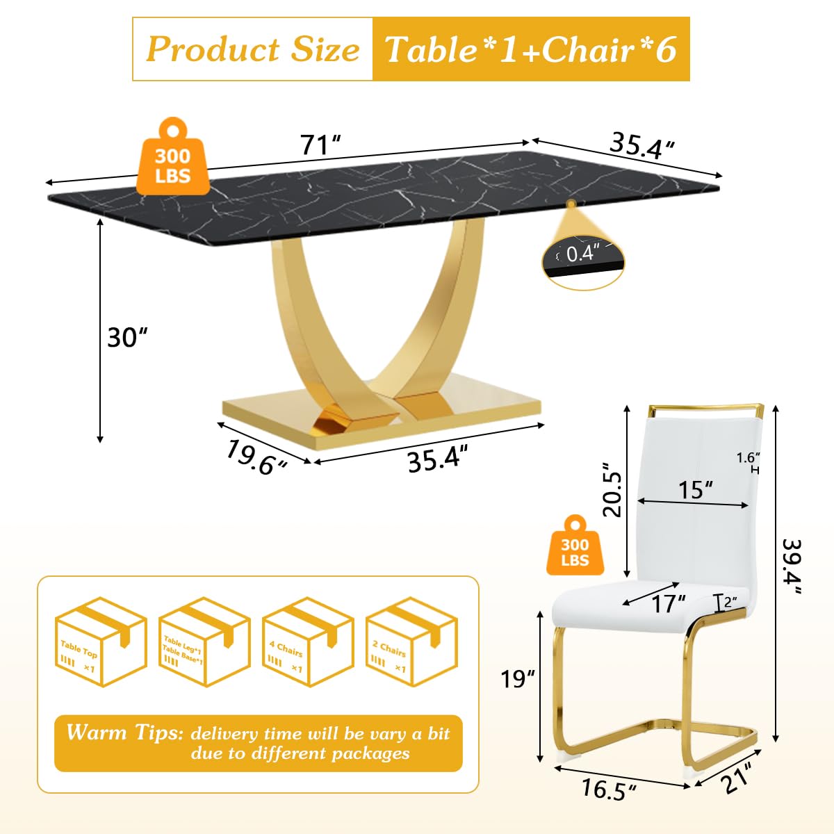 Dining Set of 6 Chairs and Table, 71'' Black Dining Table Set for 6, Faux Marble Dining Room Table Set & Ergonomic Chairs for Dining, Tempered Glass Top with U-Shaped Leg and Stainless Steel Base