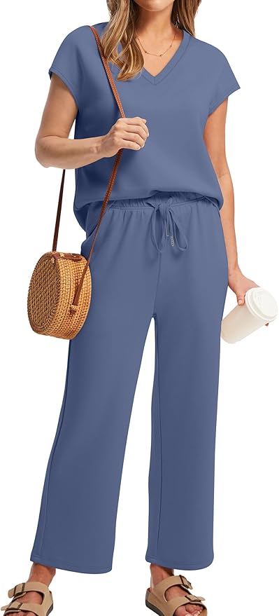 Saloogoe Two Piece Sets for Women Summer Outfits Lounge Sets V Neck Tops Wide Leg Pants Woman Vacation Travel Outfits