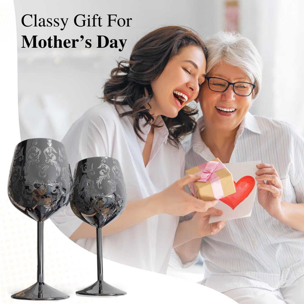 vaanshie 17oz Stainless Steel Wine Glasses [Set of 2] – Black Royal Goblets with Intricate Baroque Engravings, Unbreakable and Shatterproof Wine Cups with Bottle Stopper Ideal for Mother's Day Gift