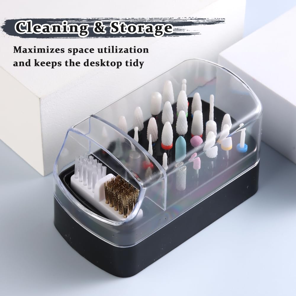 2 in 1 Nail Drill Bits Holder with Nail Drill Bits Cleanser, 30 Holes Dustproof Drill Bits Stand Display Storage Box, Steel Wire
