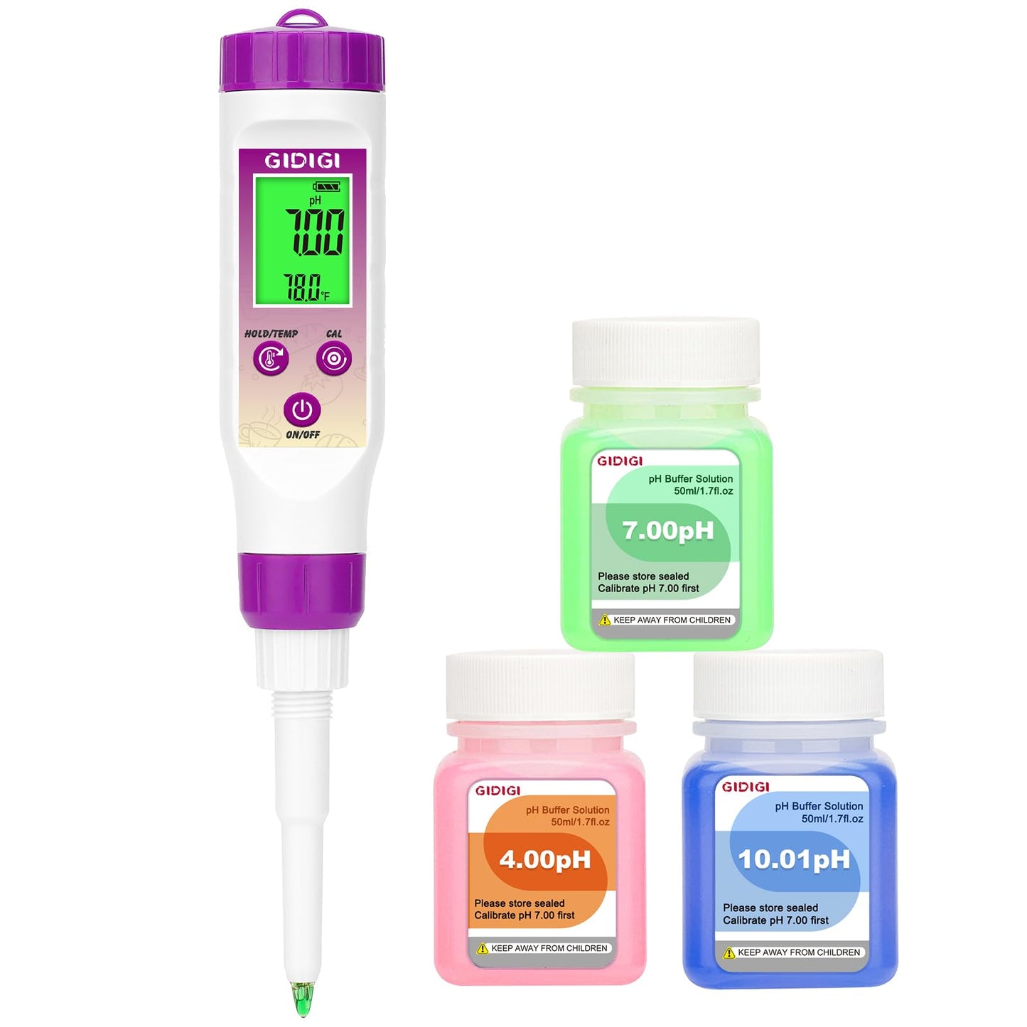 GIDIGI pH Meter Food Digital Electronic pH Tester for Fermentation 3*50ml pH Buffer Calibration Solution Kits Hot Sauce Food Tester Probe for Cheese Sourdough pH Temperature pH Test Strips for Acidity
