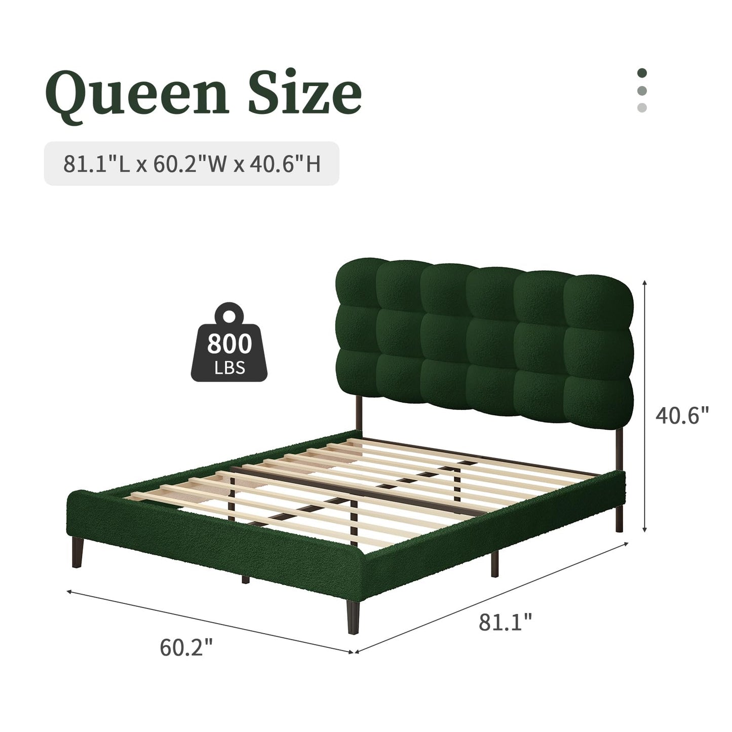 Queen Bed Frame with Upholstered Headboard, Platform Bed with Strong Wooden Slats Support, Two Bed Forms Design, No Boxing Spring Needed, Easy Assembly, Green