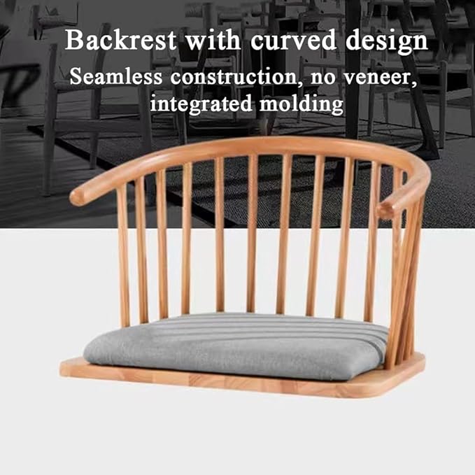 Solid Wood Floor Chair with Curved Back, Multi-Functional Low Stool for Living Room, Bedroom, Meditation Chair with Removable Cushion, Comfortable Legless Accent Chair(Natural)