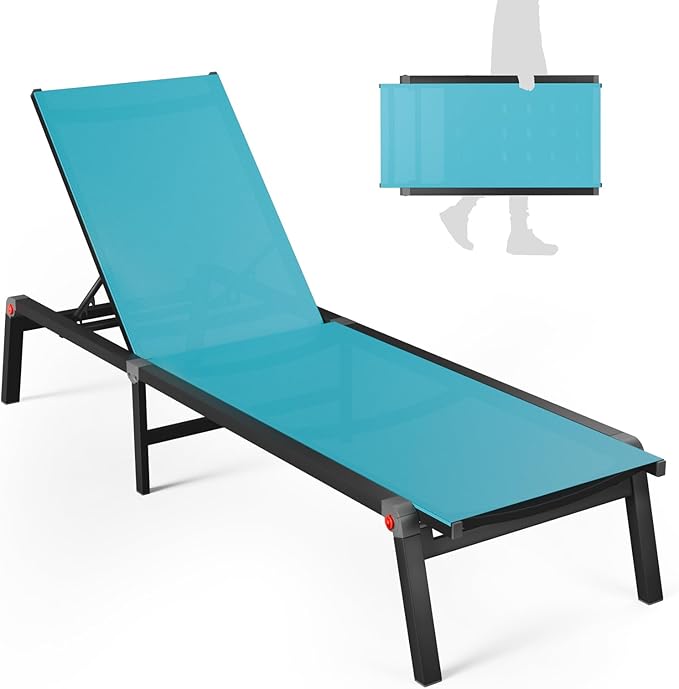 Aluminum Chaise Foldable Patio Lounge Chair Outdoor, Metal Deck Lounger Adjustable 5-Position Recliner Pool Chase Breathable Full Flat Outside Sun Tanning Chairs for Beach/Poolside/Lawn(Blue, 1 Pack)