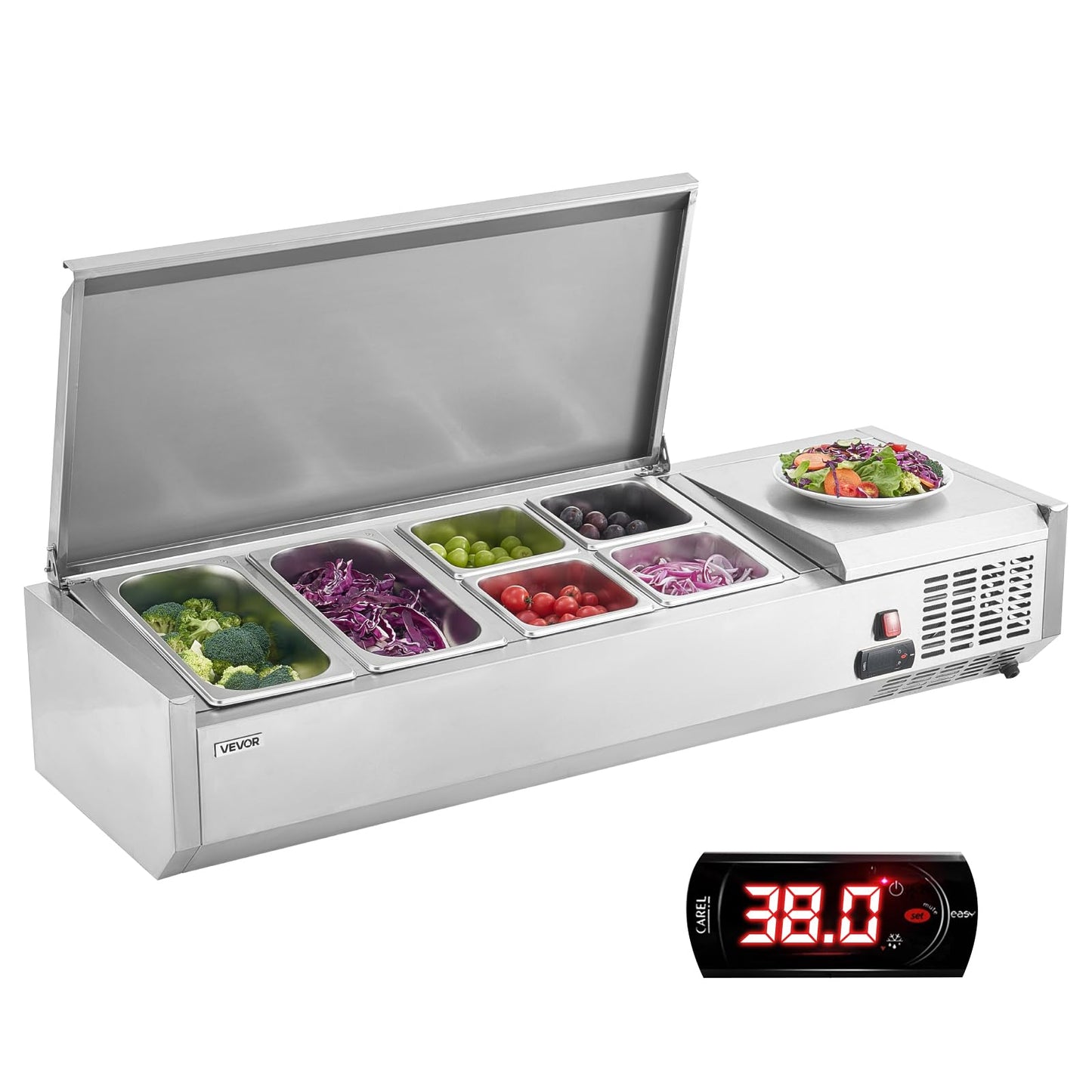 VEVOR Refrigerated Condiment Prep Station, 130 W Countertop Refrigerated Condiment Station, with Two 1/3 Pans & Four 1/6 Pans, 304 Stainless Body and PC Lid, Sandwich Prep Table with Stainless Guard