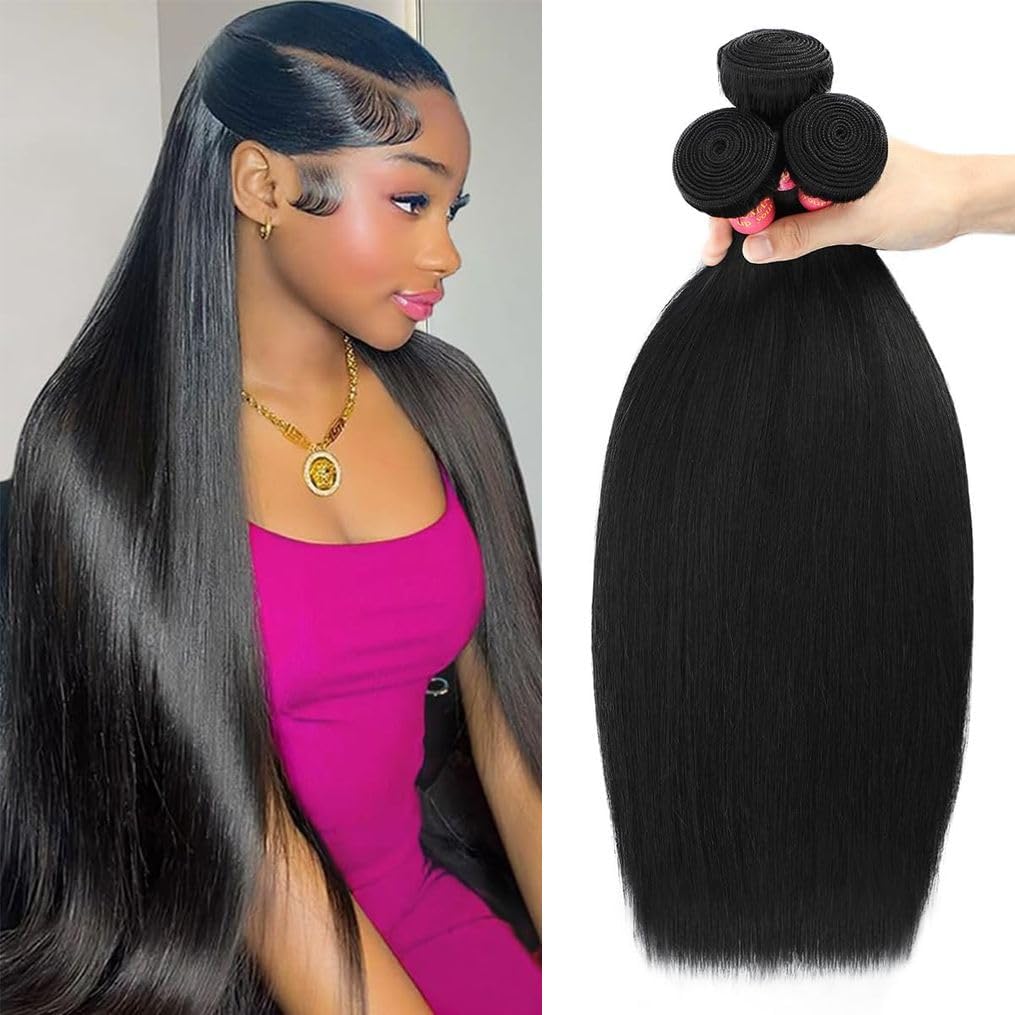 26 28 30 Inch 3 Bundles Human Hair Straight 12A 100% Unprocessed Brazilian Virgin Human Hair Bundlles Straight Natural Black, Tr
