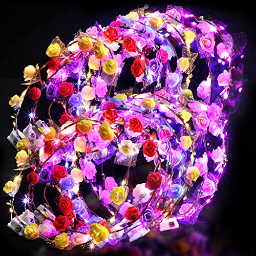 Chumia 50 Pcs LED Flower Crowns Headbands Light up Flower Wreath Garlands Glow in the Dark Floral Headpiece Hair Accessori...