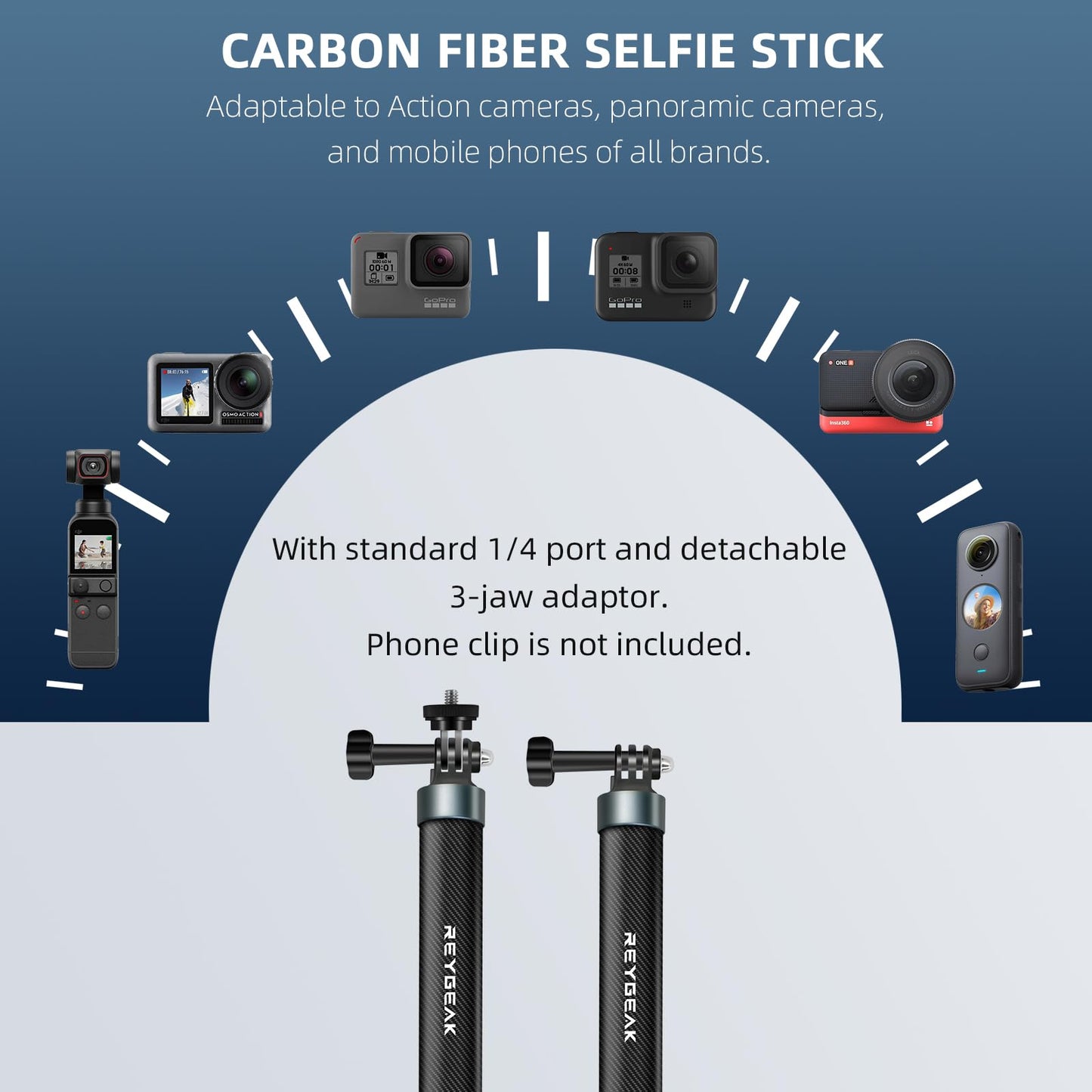 Reygeak 59 Inch Selfie Stick Long Invisible Pole For Gopro 13 Carbon Fiber Waterproof Extension Monopod For Gopro Hero 13/12/11/