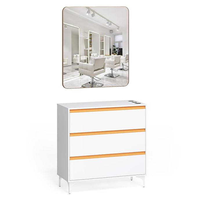 OmySalon Salon Station for Hair Stylists, Free Standing Barber Cabinet with 3 Drawers, Hair Dryer Holders & Square Mirror, Modern Beauty Vanity for Salon, Spa, Bedroom, White Gold