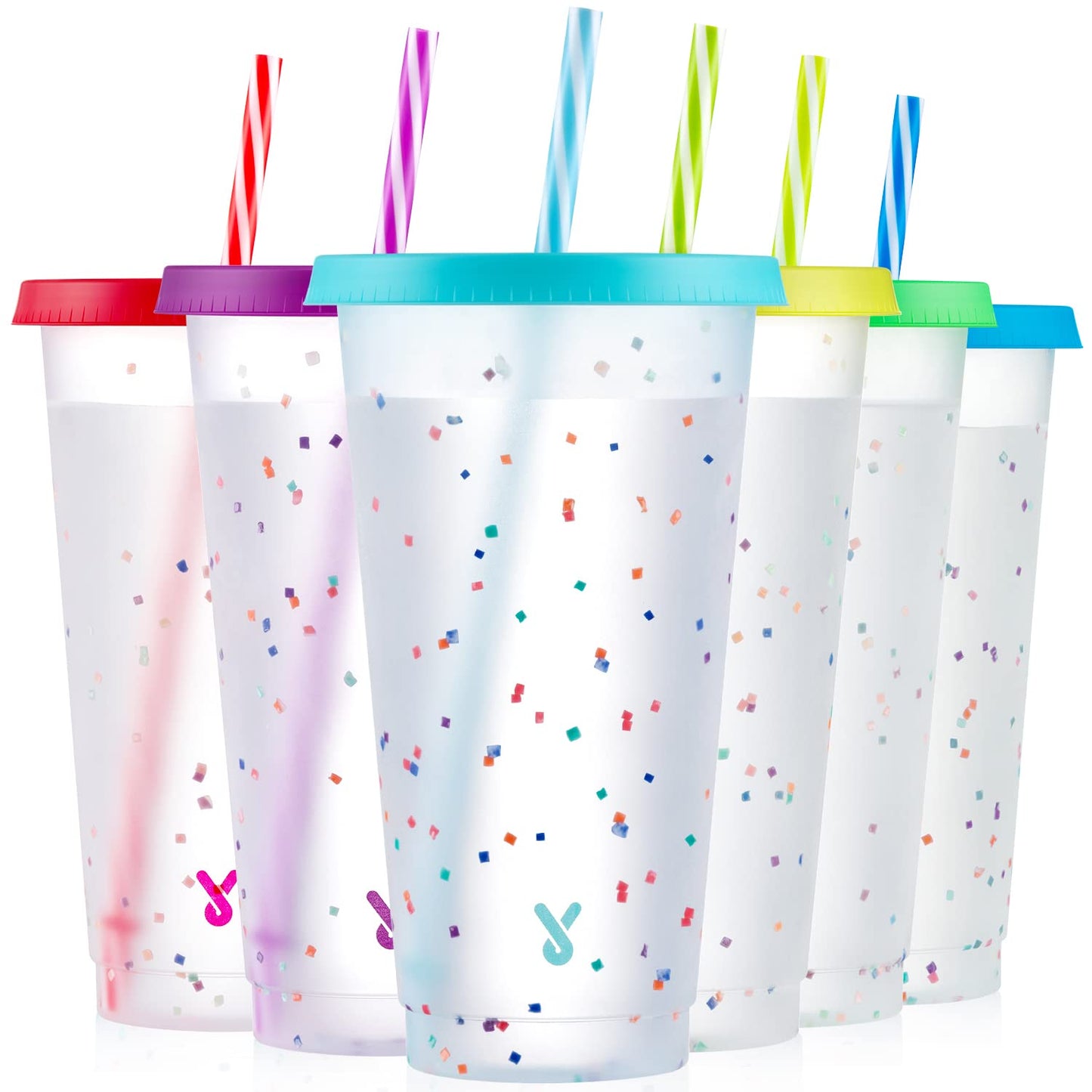 Meoky Confetti Color Changing Cups with Lids and Straws for Iced Coffee, Party, Pool - 6 Pack 24oz Reusable Plastic Tumblers for Kids and Adults