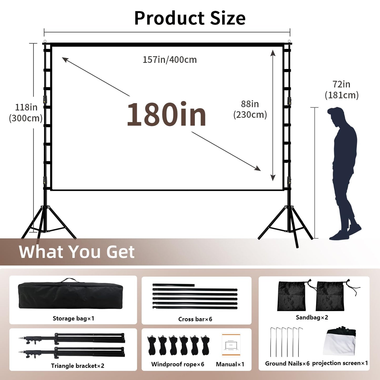 Projector Screen with Stand, Wootfairy 180 inch Portable and Foldable Projection Screen 4K HD 16:9 Rear Front Wrinkle-Free Movie Screen with Carry Bag for Indoor Outdoor Home Theater Backyard Cinema