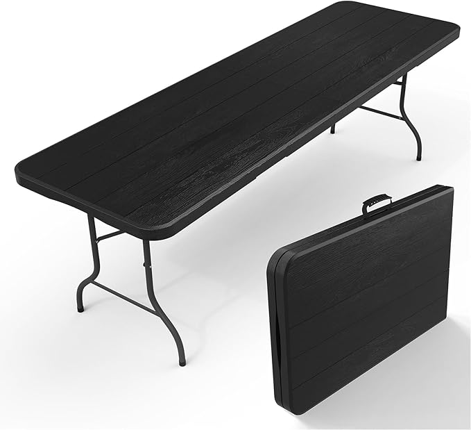 RootRise 8Ft Plastic Folding Table Heavy Duty Portable Folding Tables 400 lbs, Wood Grain Tabletop for Working Meeting Parties, Picnic, Camping, Garden Dining (Black)