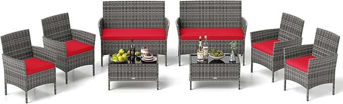 RELAX4LIFE 8-Piece Patio Furniture Set - Rattan Outdoor Conversation Bistro Set w/Cushions, Glass Coffee Table, Wicker Chairs & Loveseat for Garden Backyard Porch, Balcony Furniture (2, Mix Grey-Red)