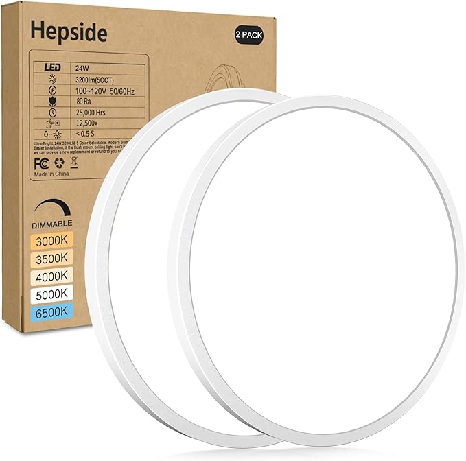 hepside 2Pack LED Flush Mount Ceiling Light Fixture, 12Inch 24W, Dimmable&3000K/3500K/4000K/5000K/6500K Adjustable Low Pro...