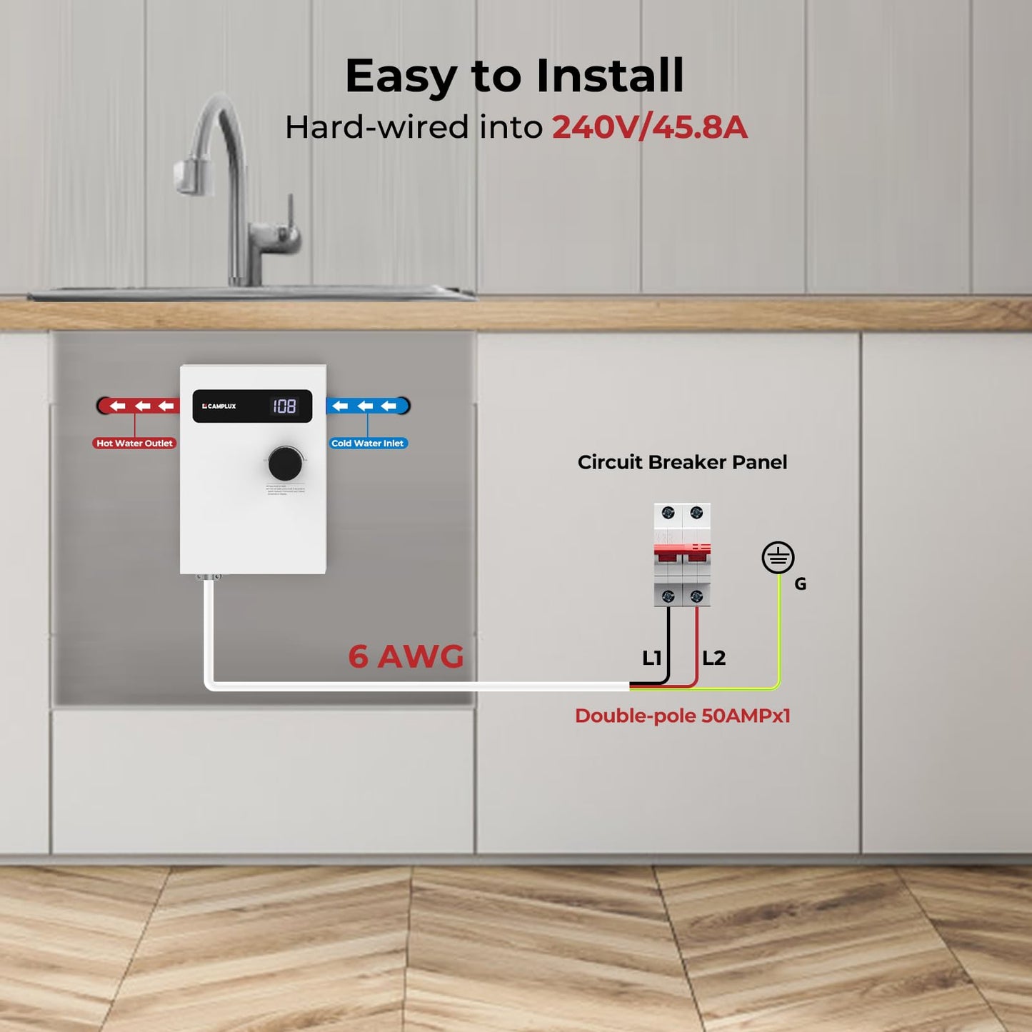 CAMPLUX Tankless Water Heater Electric 11kW 240 Volt, Point-of-Use Digital Display, Electric Instant Hot Water Heater with Self-modulating, Side Water Connection for Easier Installation, White