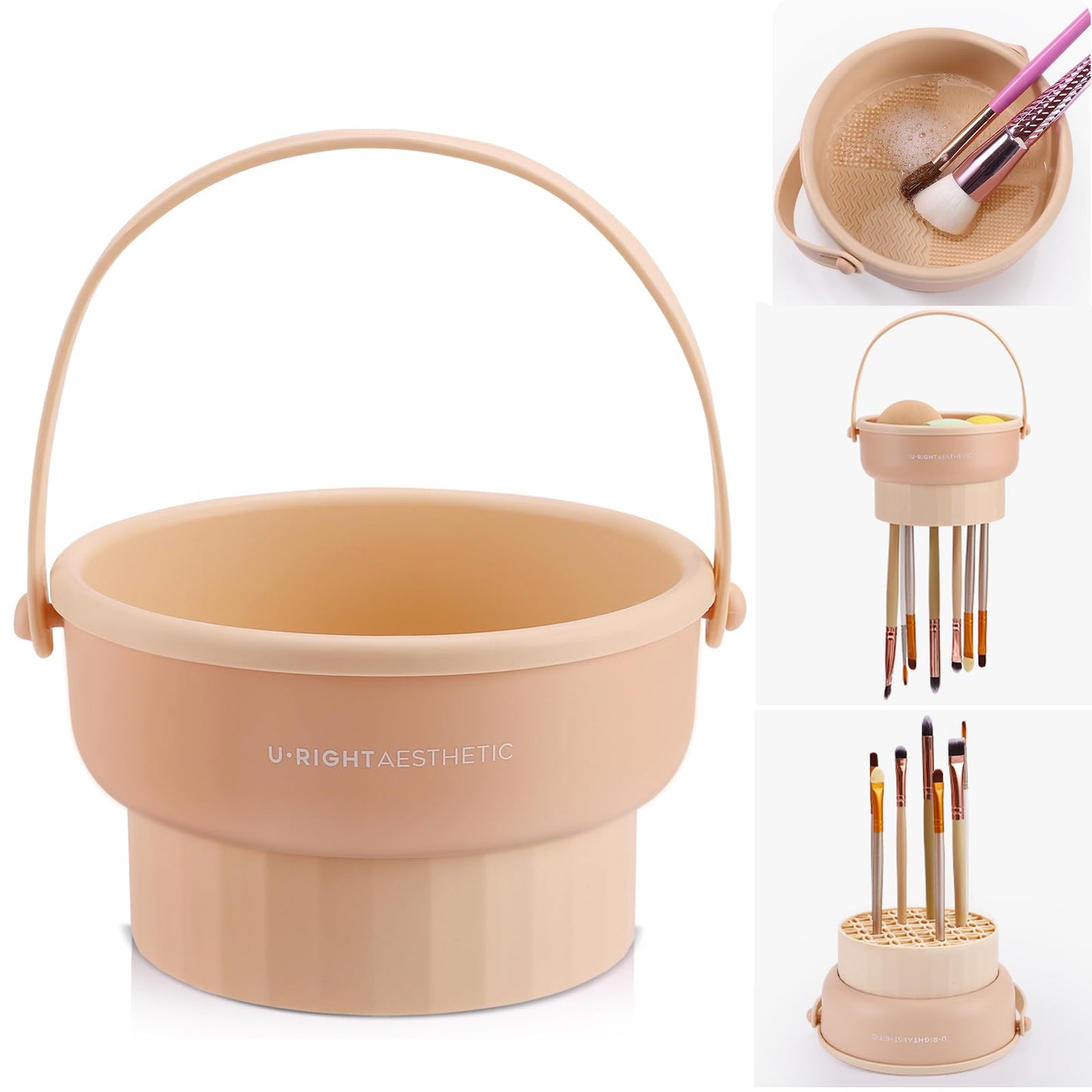 GOLIKEE Makeup Brush Cleaner Mat 3 in 1 Silicone Makeup Brush Cleaner Bowl Cosmetic Brushes Cleaning Tool Organizer for Storage and Air Drying（Khkai