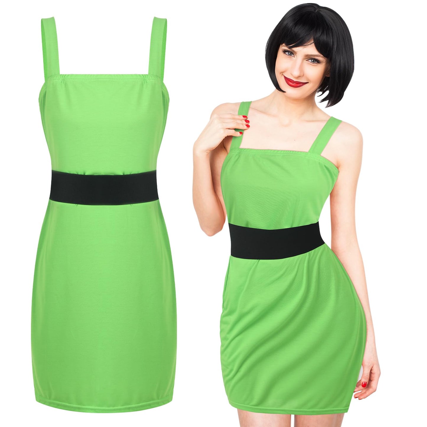 Croloose Women's Power Animated Costume Set Vest Dress Wide Cinch Black Belt Tank Dress for Halloween Party Character Cosplay (Green)