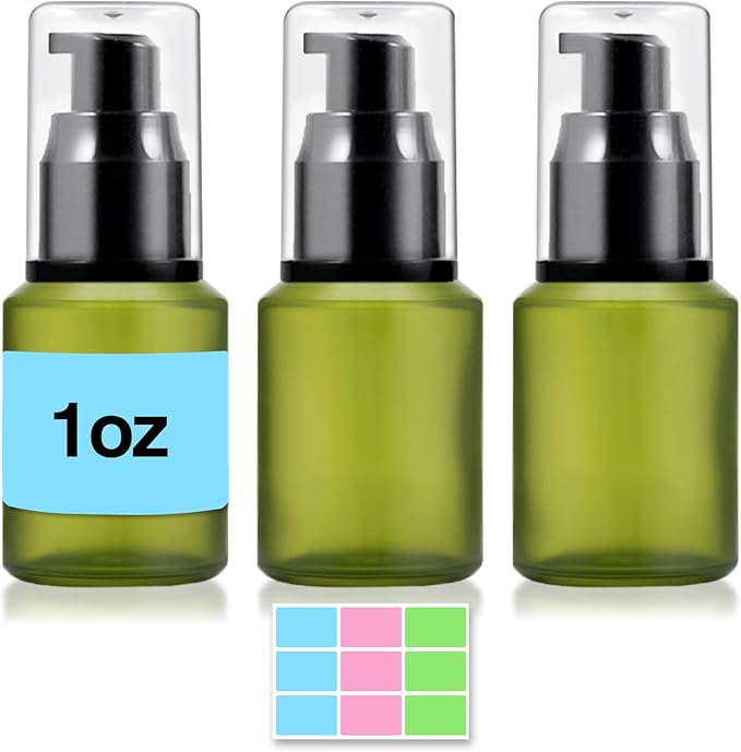 3PCS 30ML/1OZ Empty Green Frosted Glass Bottles with Pump Refillable Vial Cosmetic Dispenser Jars Storage Travel Lotion Container Portable Sample Bottle for Toiletries,Foundation,Cream,Gel,Lotion