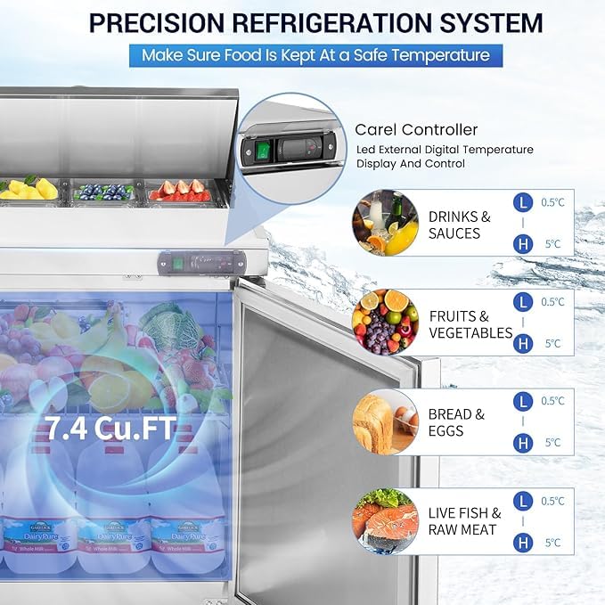 kalifon 27" W 1 Door Refrigerator Sandwich Salad Prep Table Commercial Stainless Steel Fan Cooling Refrigerator with Cutting Board, 1 Shelves & 12 Pans for Restaurant, Bar, Shop-7.4 Cu.ft