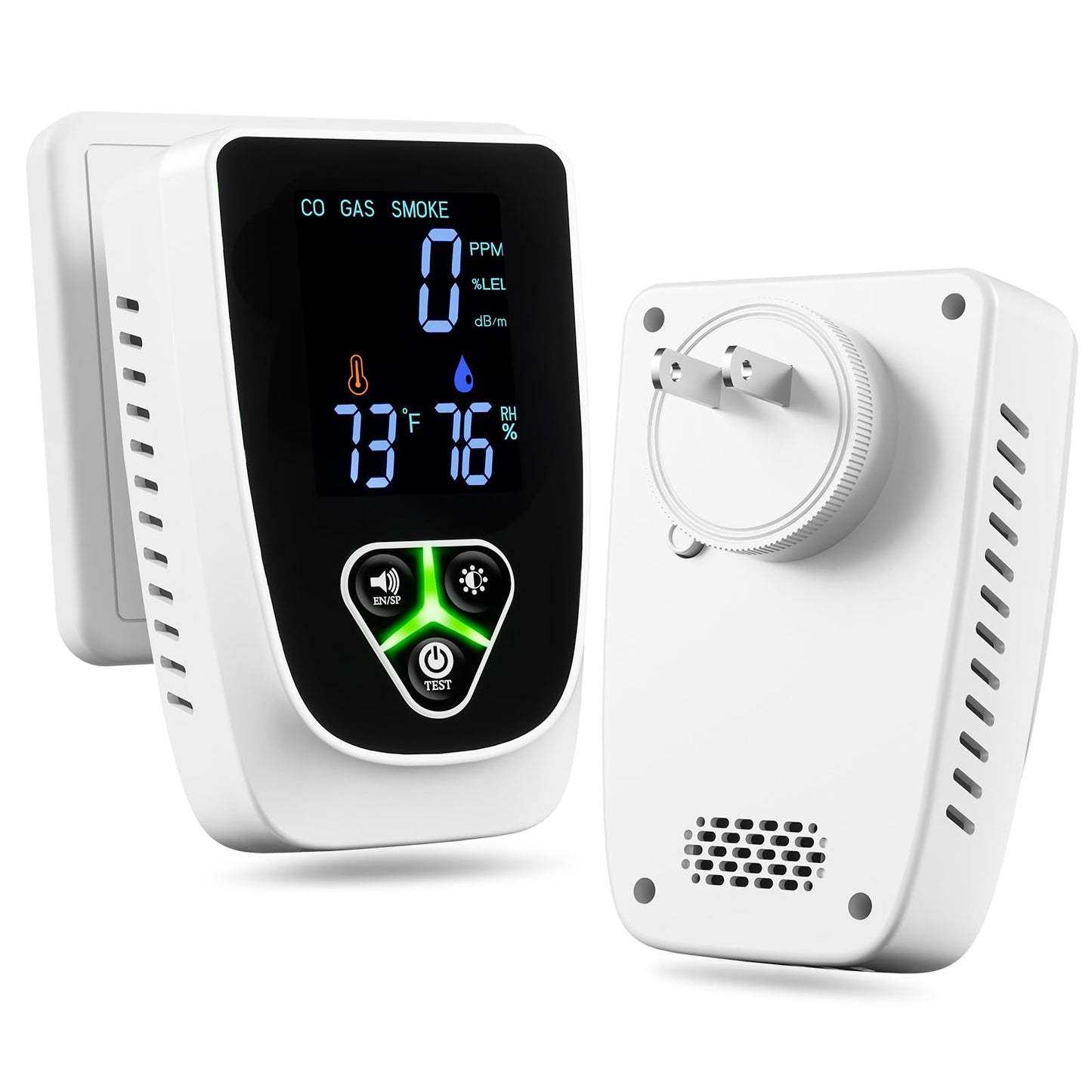 5-in-1 Carbon Monoxide Detectors Plug in, Smoke Alarm & Natural Gas Leak Detector with Temperature & Humidity Sensor, Portable CO Detector with LCD Display Sound & Light Alert for Home Travel