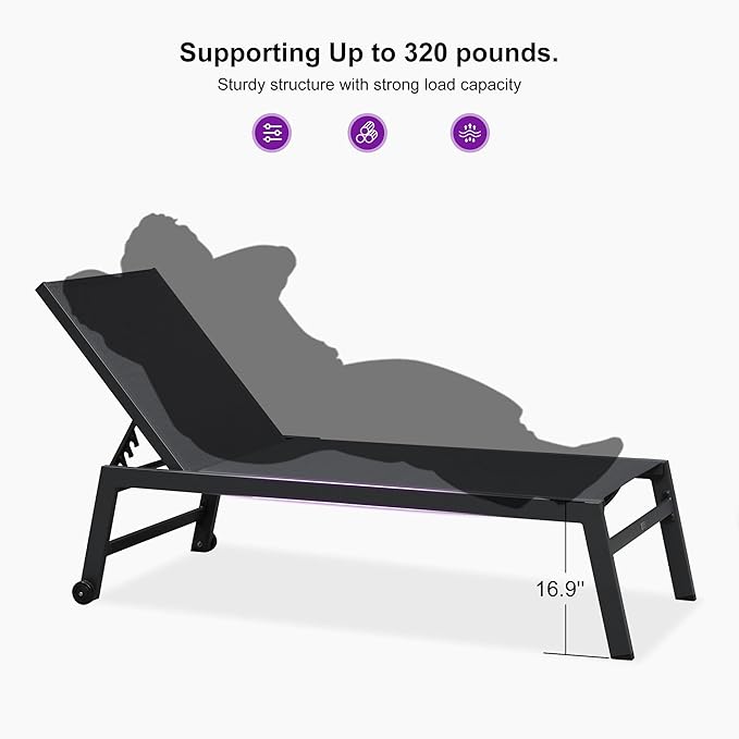 PURPLE LEAF Outdoor Chaise Lounge Set for 2 Oversized Pool Lounge Chairs with Easy-to-Move Wheels and Adjustable Backrest Extra Large Patio Loungers for Poolside Deck Beach Table Included, Dark Grey