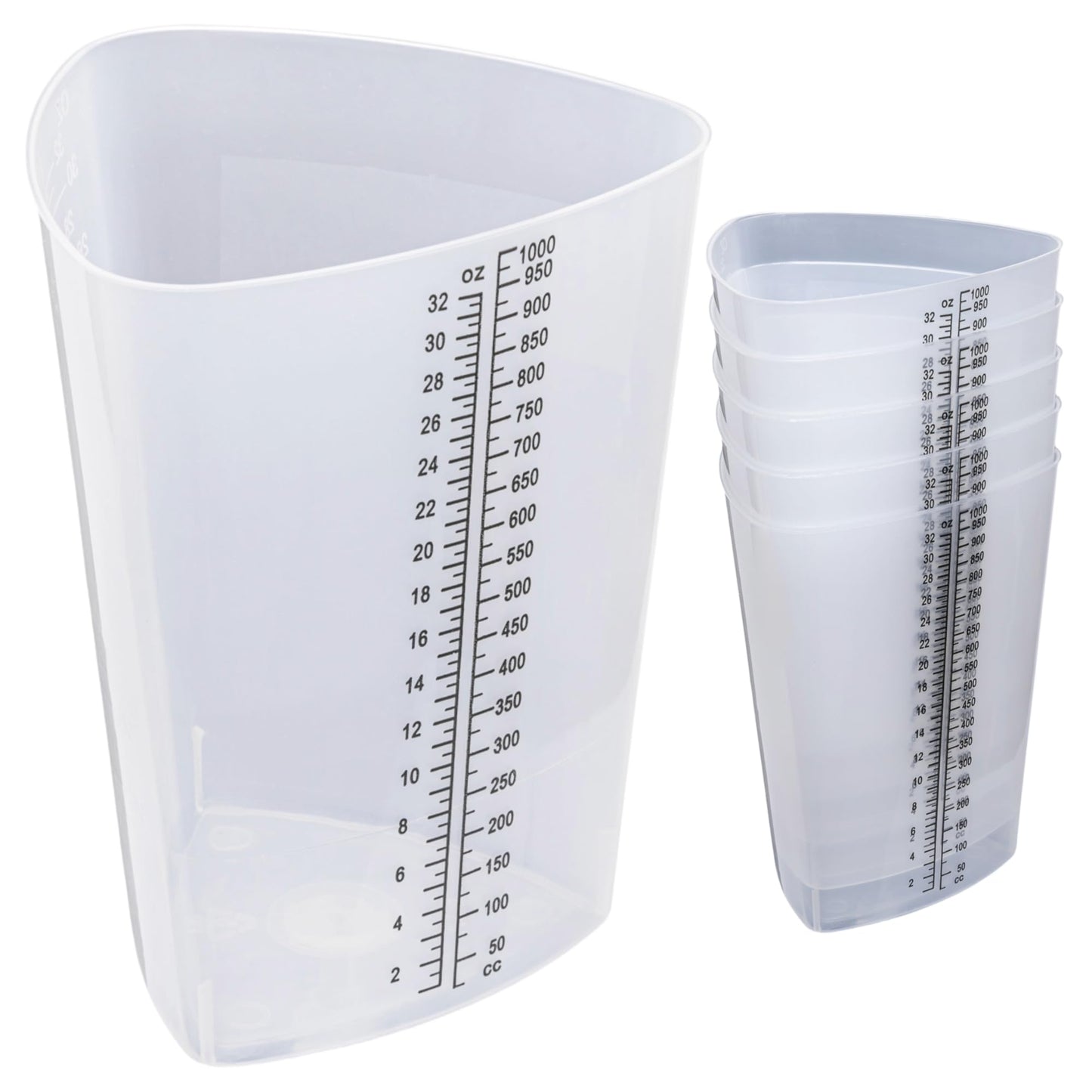 Vakly Plastic Graduated Triangular Intake Output Container [5 Pack] 32 ounce Three-Sided Translucent Laboratory Beaker for Measuring & Mixing - Clear Markings in oz & cc - for Specimen, Paint & Epoxy