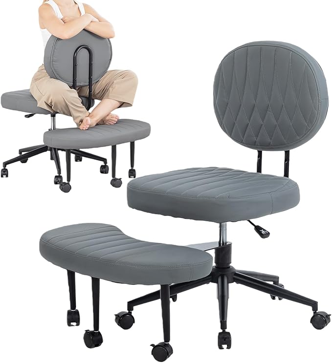 Ergonomic Cross Legged Office Chair with Wheels, Wide Seat and Backrest for Meditation, ADHD Cross Legged Office Chair with Adjustable Height, 360°Rotating Footrest for Yoga Home Office