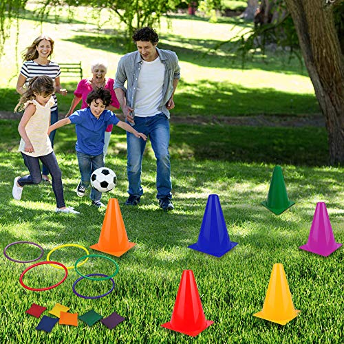 unanscre 31PCS 3 in 1 Carnival Outdoor Games Combo Set for Kids, Soft Plastic Cones Bean Bags Ring Toss Game, Gift for Bir...