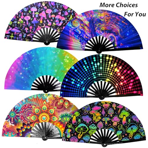 YKuzLx 13‘’ UV Glow Large Rave Fan for Men Women, Decorative Folding Hand Fan for Party, Home Decoration, Gift, Music Fest...