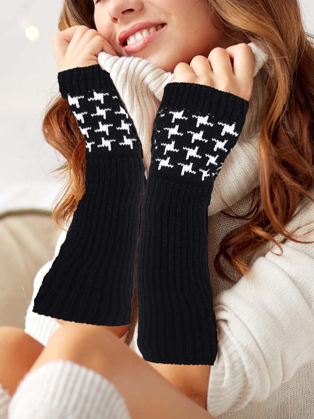 Urieo Long Arm Warmers Winter Fingerless Gloves Knit Mitten with Thumb Hole for Women（Pack of 2）