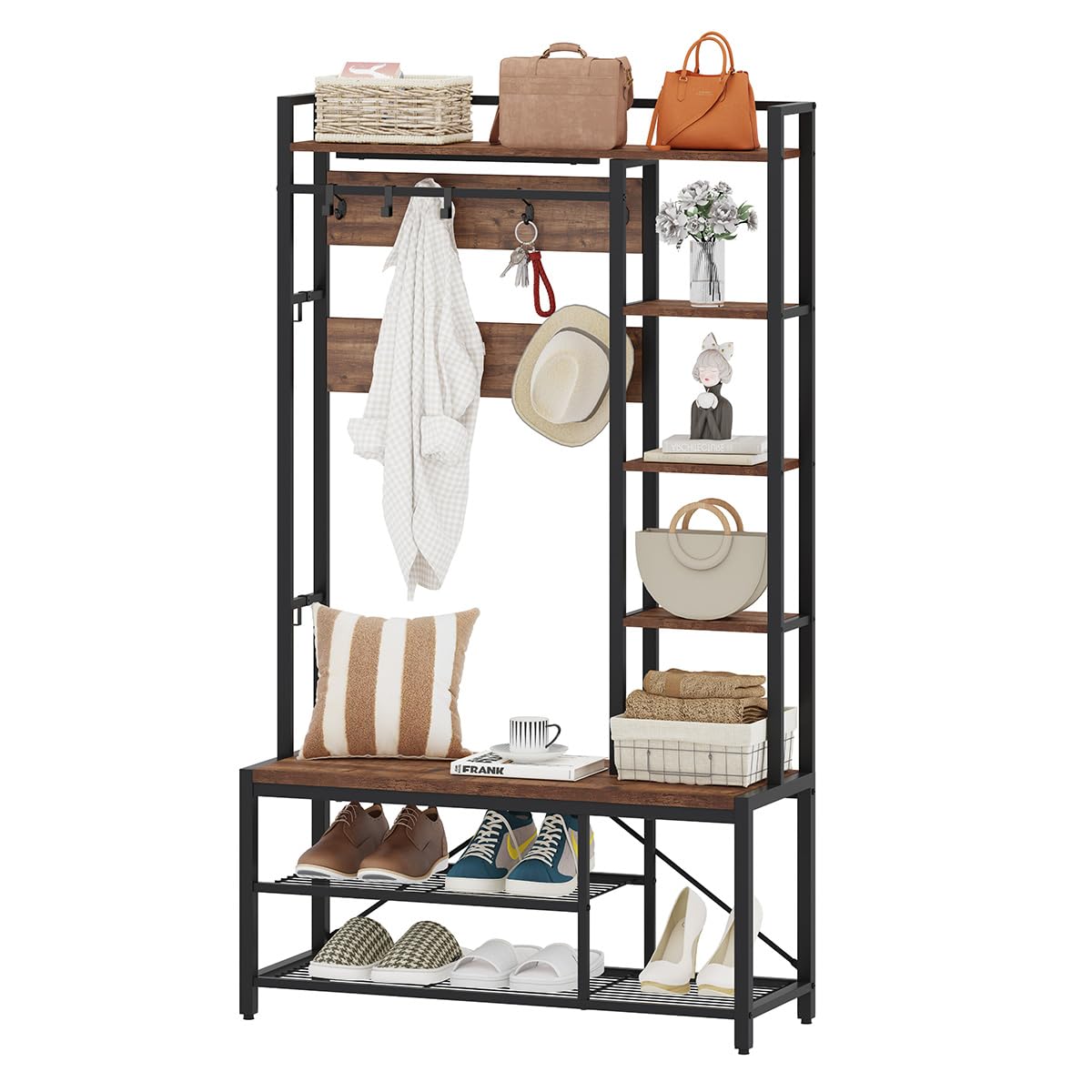 BON AUGURE Hall Tree with Shoe Storage, 5-in-1 Reversible Entryway Bench with Coat Hooks for Hallway, Rustic Wood and Metal Coat Rack with Shelves for Mudroom (Rustic Oak)