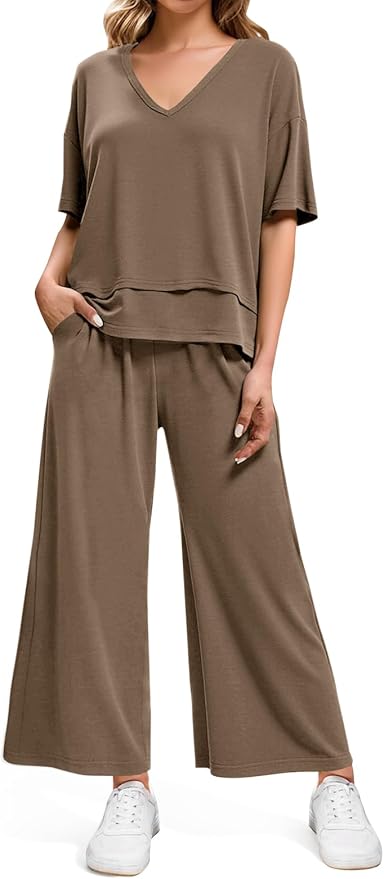 Tankaneo Womens 2 Piece Sets Casual Tracksuits Short Sleeve Tops Wide Leg Pants Outfits Lounge Sets