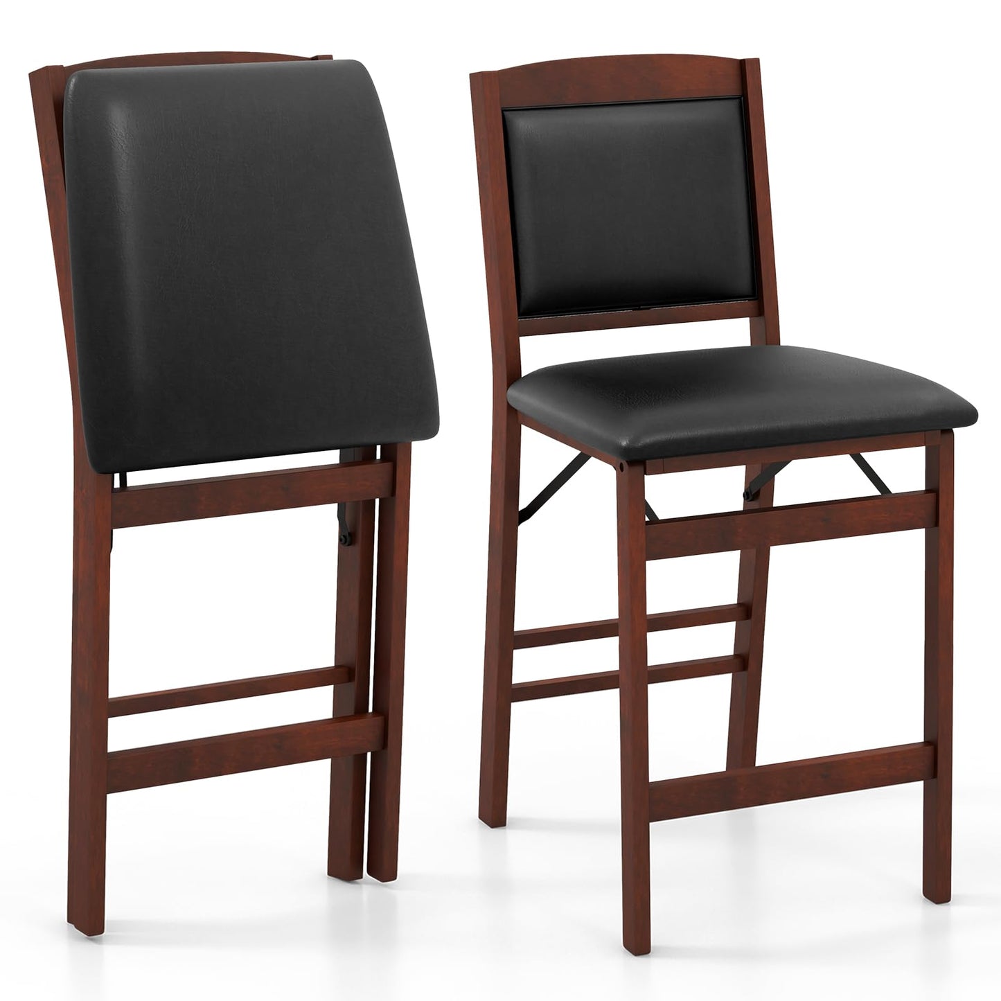 Giantex Folding Counter Height Bar Stools Set of 2, 24.5" Farmhouse Barstools w/Padded Back & Seat, Footrest, Rubber Wood Legs, No Assembly Needed, Upholstered Bar Dining Chairs for Kitchen Island