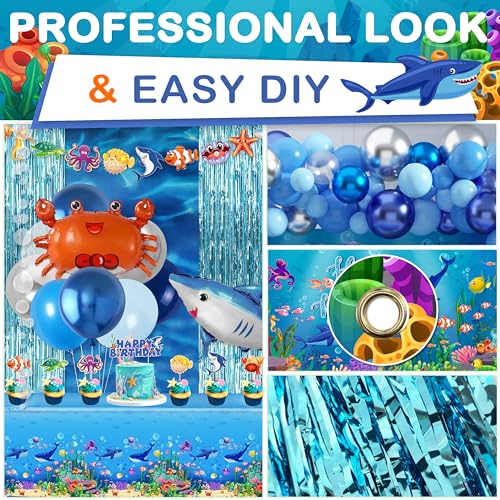 Under the Sea Party Decorations 98Pcs, Ocean Theme Birthday Party Supplies Include Backdrop Tablecloth Bubble Garlands Cak...