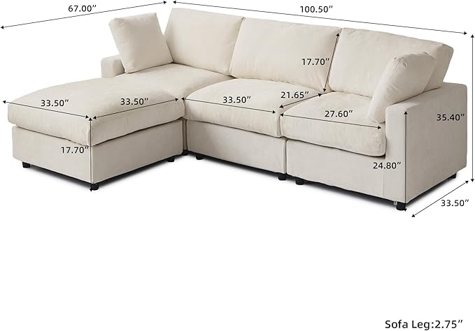 Cloud Sectional Couches for Living Room,100.5" Convertible L Shaped Couch with Ottoman, 4 Seater Modular Sectional Sofa,Deep Seater Furniture Sets,Beige
