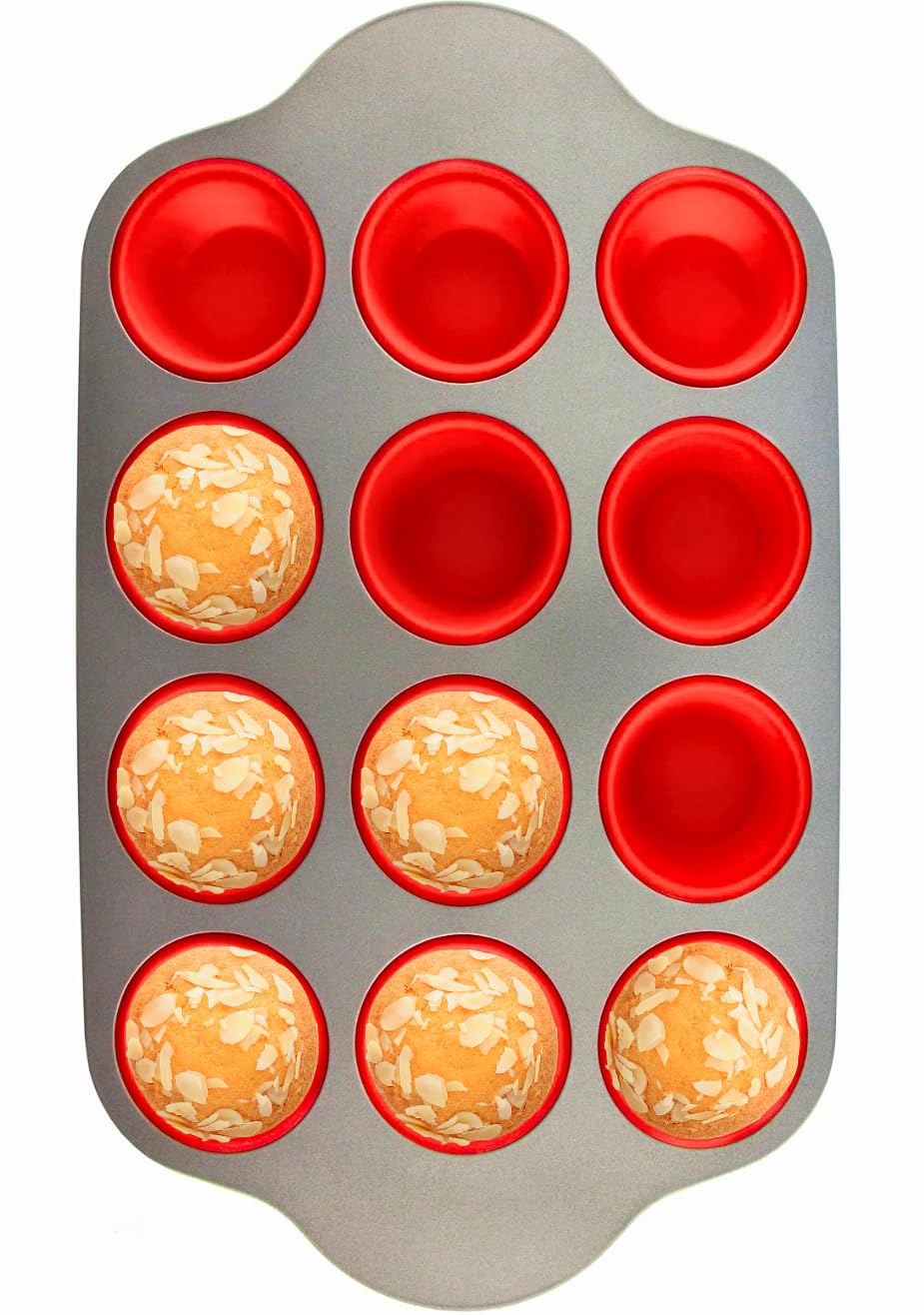 Boxiki Kitchen Non-Stick 12 Cup Silicone Muffin Pan With Steel Frame - BPA Free, Non-Toxic, Anti-Warp, Durable & Easy to Pop Silicone Muffin Tin - Perfect Cupcake Pan