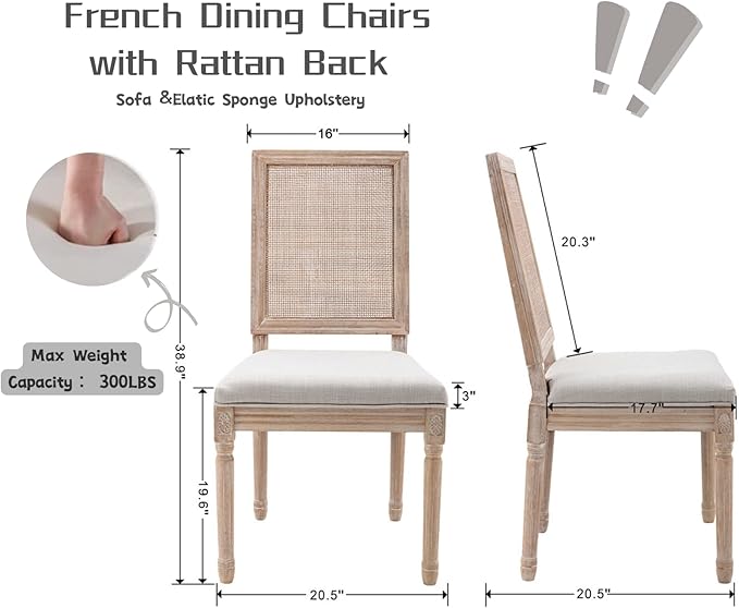 CIMOTA Farmhouse Dining Chairs Set of 4, French Rattan Dining Room Chairs with Rectangle Back/Distressed Wood Upholstered Vintage Side Chairs for Kitchen/Restaurant, Beige/4PCS