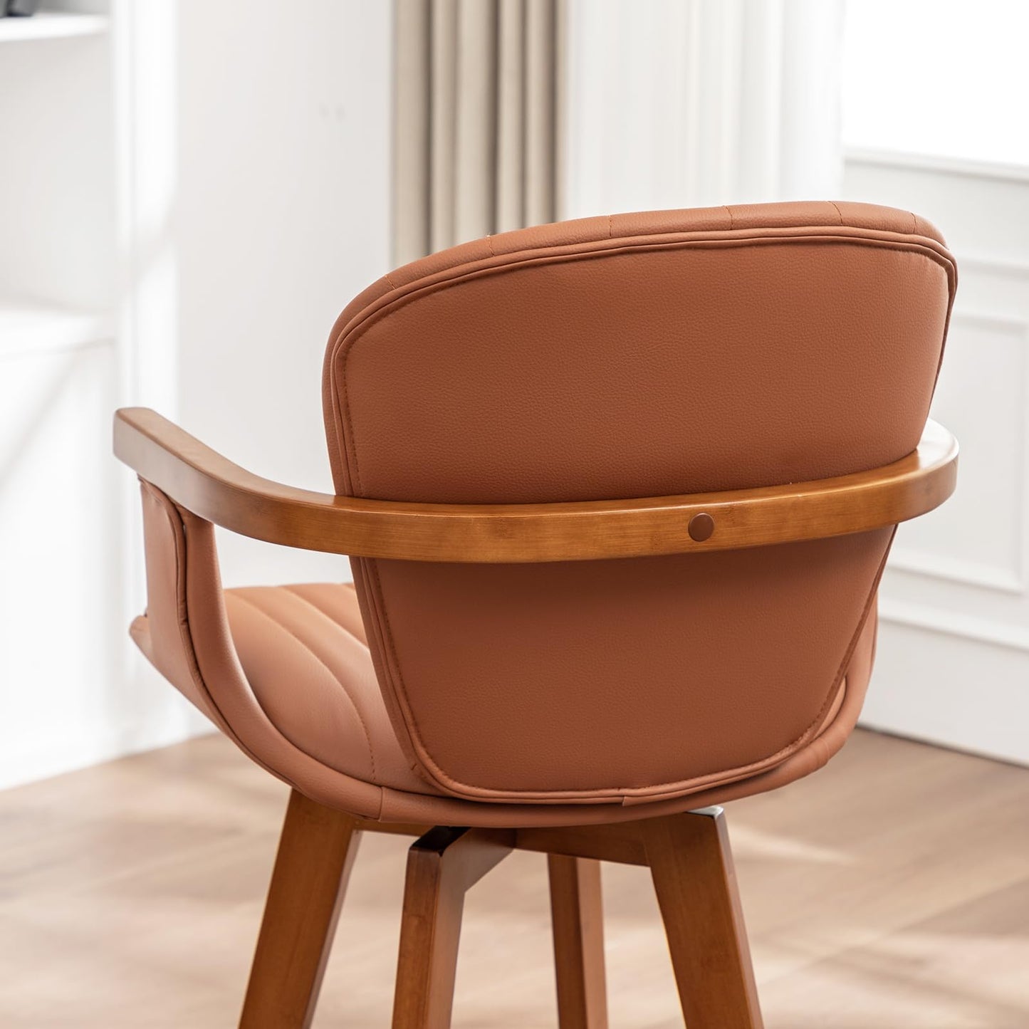 LUNLING 30” Bar Height Stools,Mid Century Modern Bar Stool,Orange PU Leather Kitchen Island Stools,Wood High Barstools Swivel with Back and Arms for Home Bar Furniture,1PCS