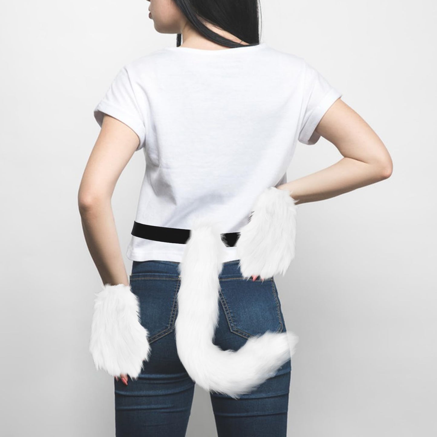 Jaciya Faux Furry Mask and Tail Set Halloween Costume Set for Women Fox Mask Wolf Tail Animal Party Costume-White